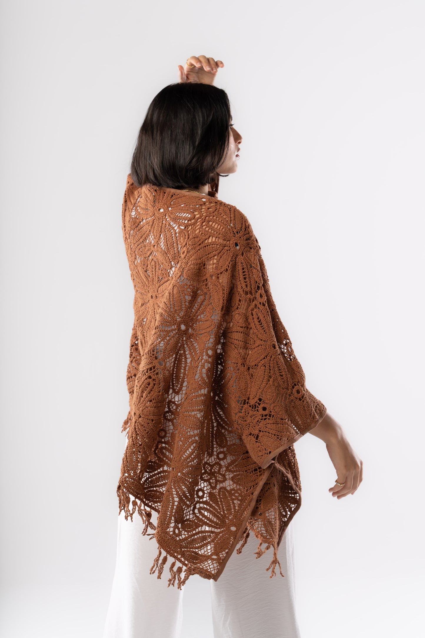 Flowered Crochet Poncho In Brown