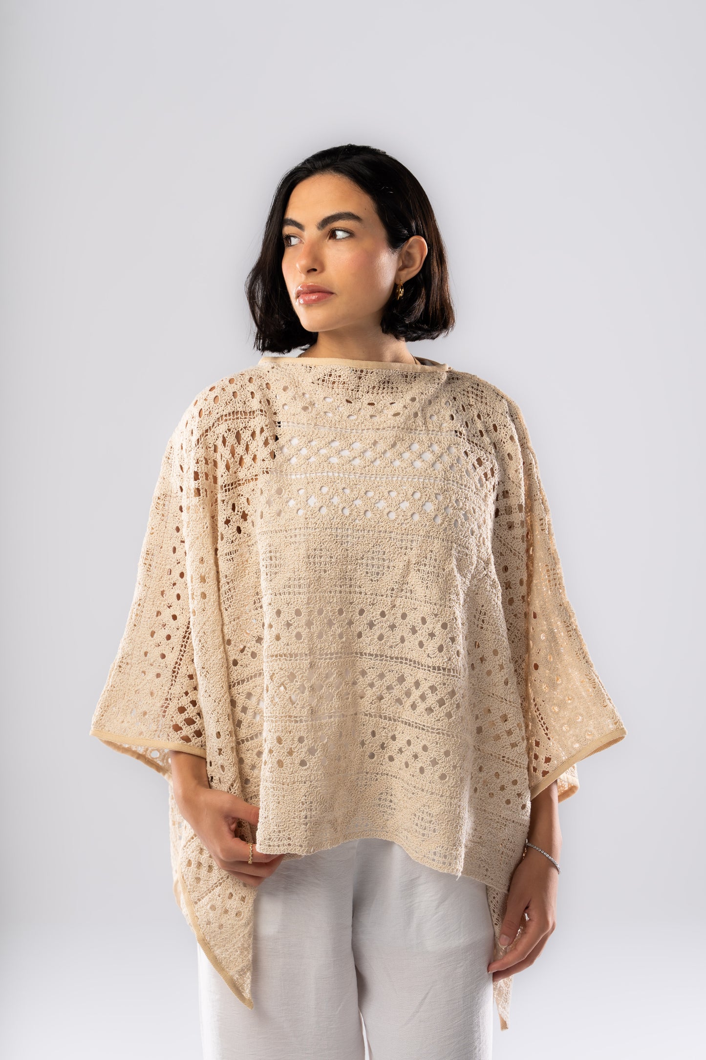 Knitted Crochet Poncho In Nude