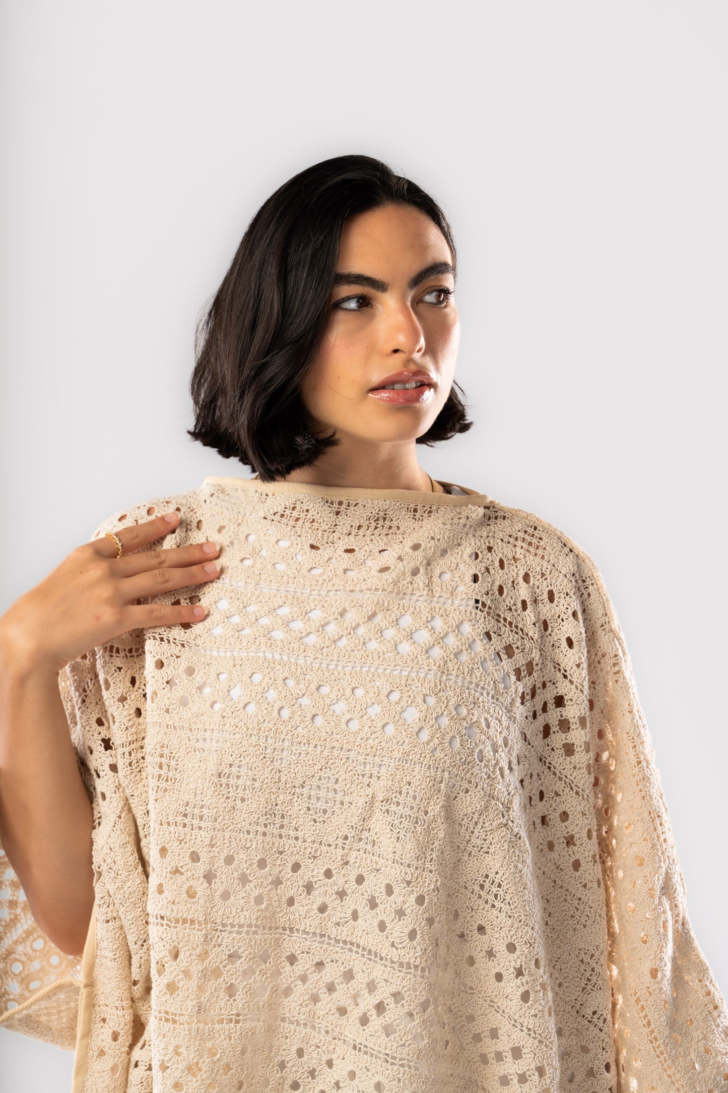Knitted Crochet Poncho In Nude