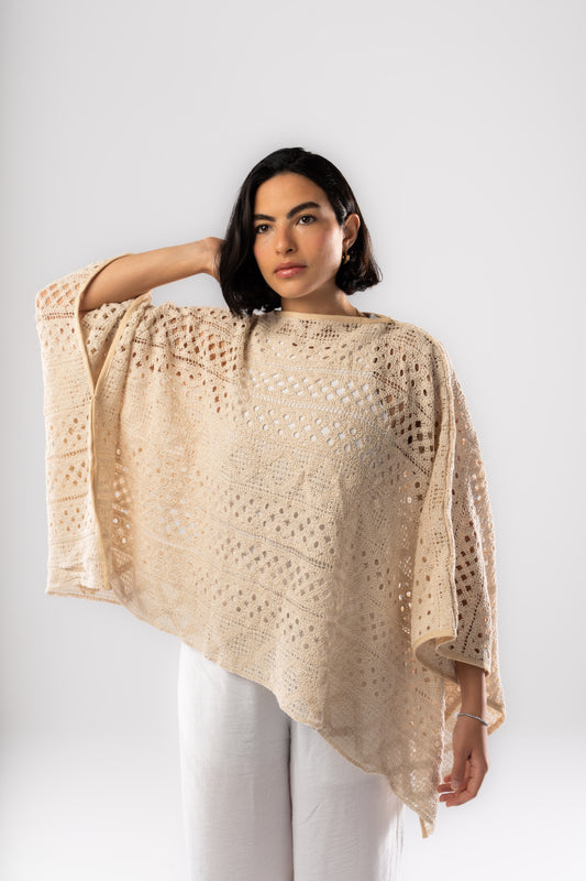 Knitted Crochet Poncho In Nude