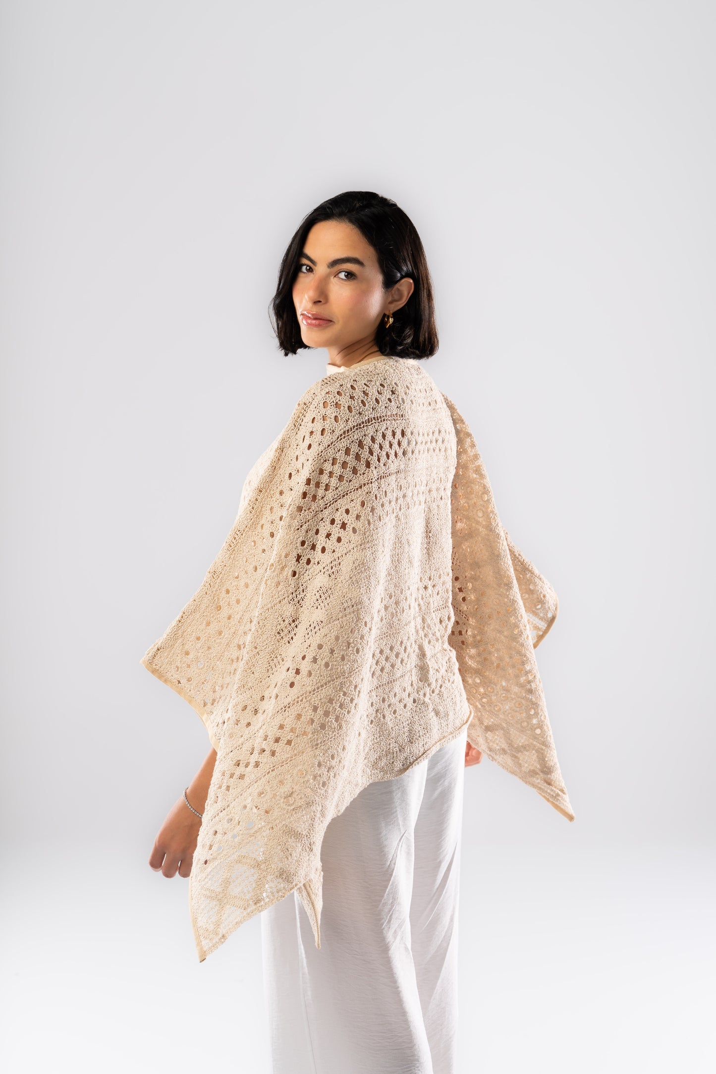 Knitted Crochet Poncho In Nude