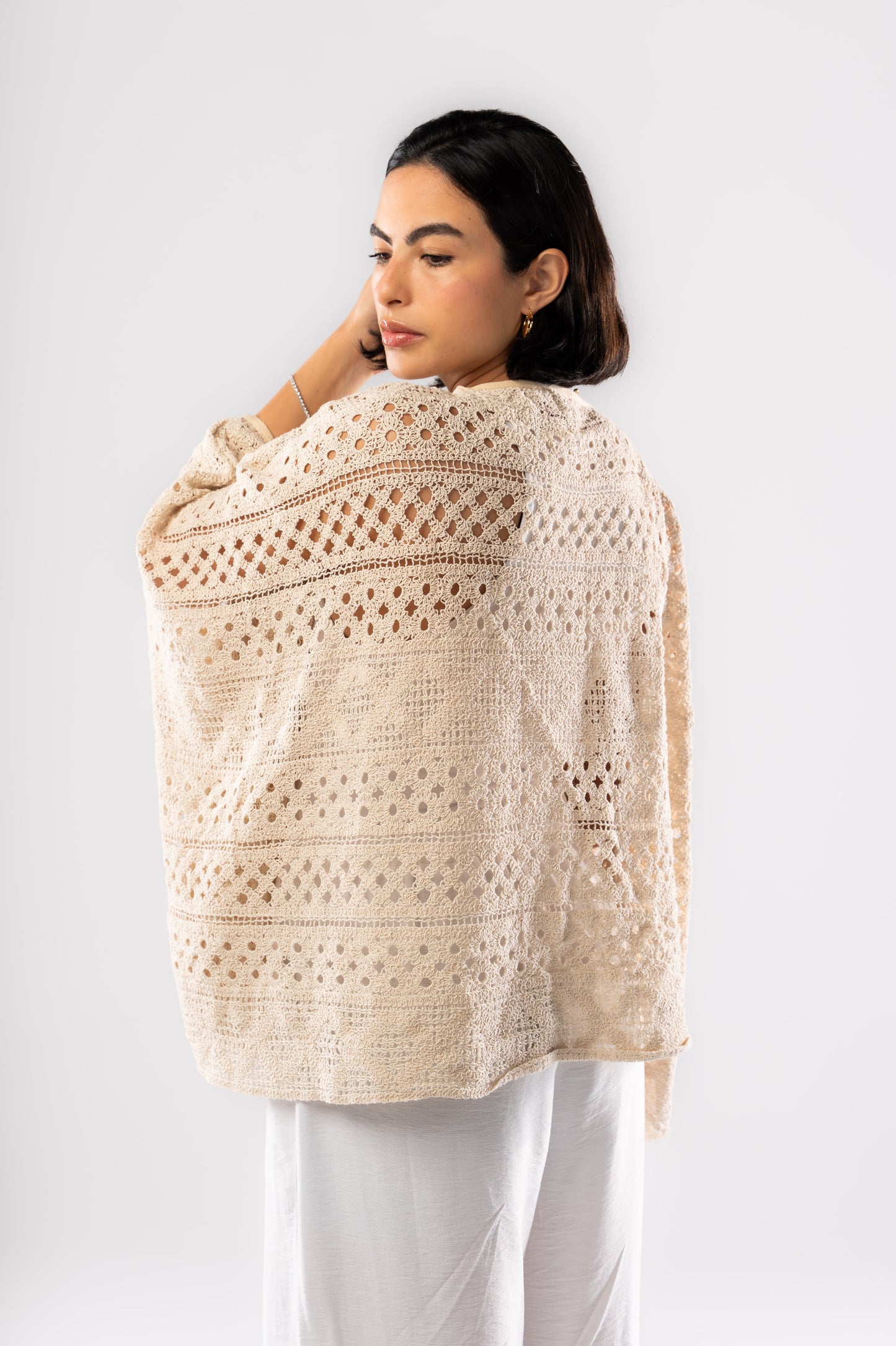 Knitted Crochet Poncho In Nude
