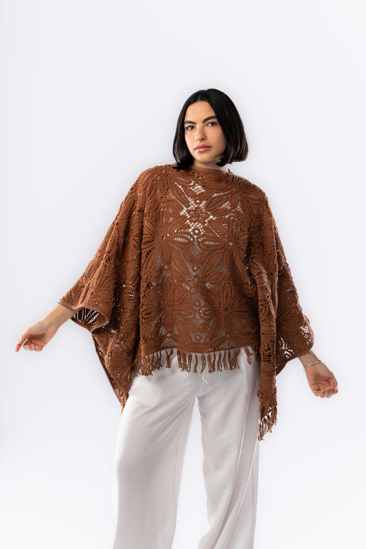 Flowered Crochet Poncho In Brown