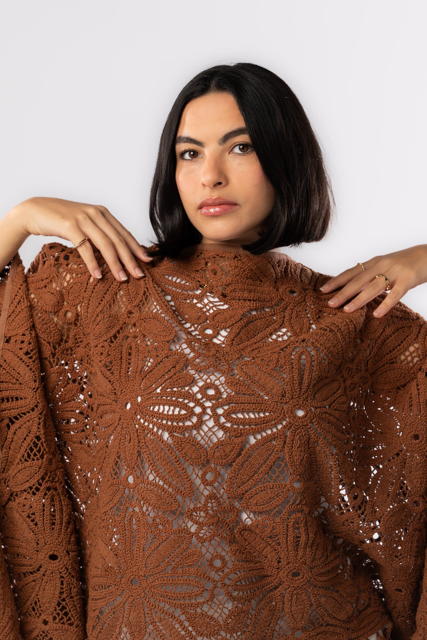 Flowered Crochet Poncho In Brown