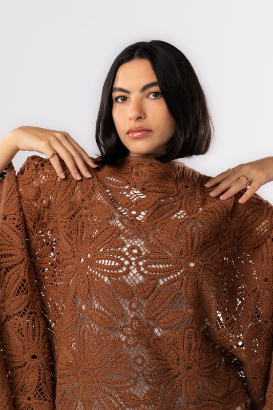 Flowered Crochet Poncho In Brown