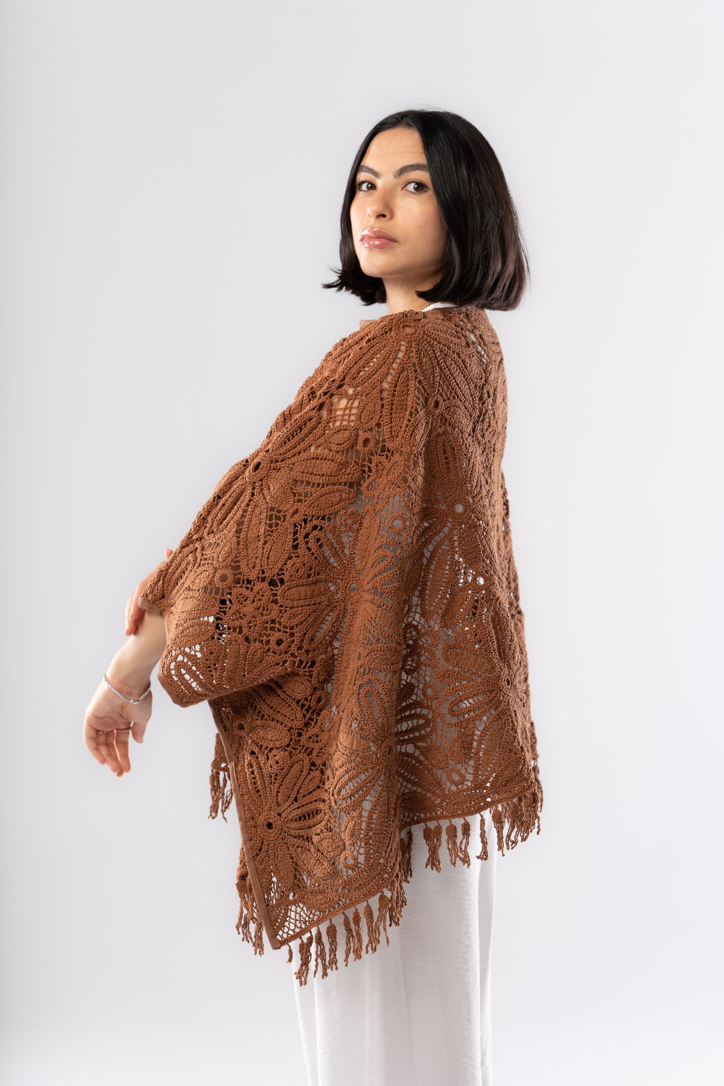 Flowered Crochet Poncho In Brown