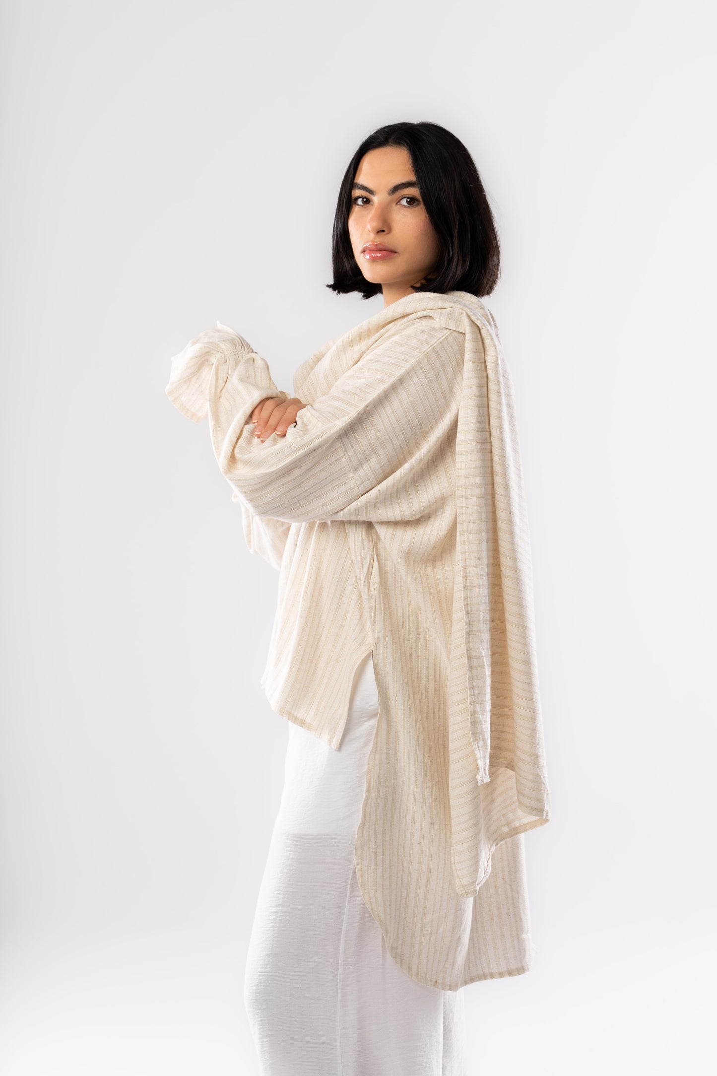 Pure Linen Gold Strip Blouse